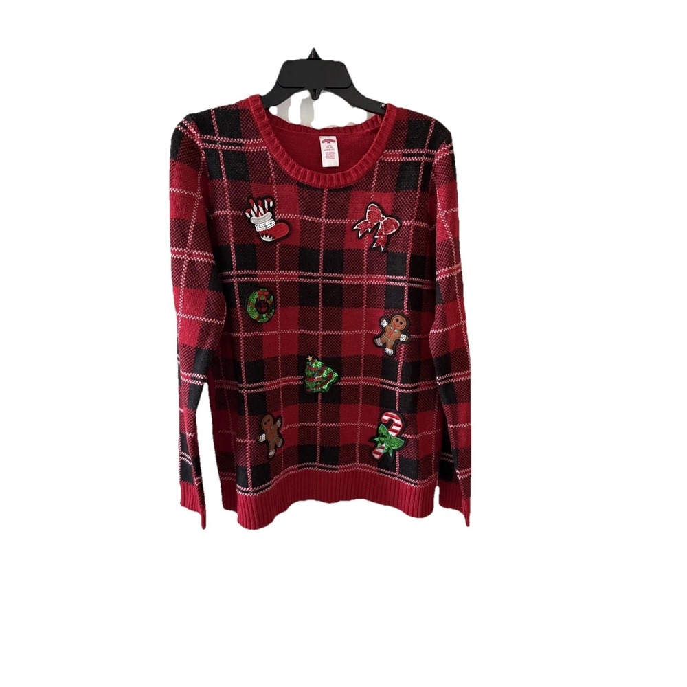 Holiday Time‎ Womens Large (12-14) Christmas Sweater Red Patches Sequins Holiday
